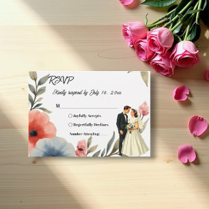 Elegant Bride And Groom Watercolor Floral Wedding RSVP Card