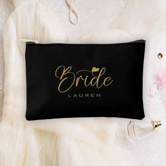 Elegant Bride Black & Gold Script Name Gift Accessory Pouch (Creator Uploaded)