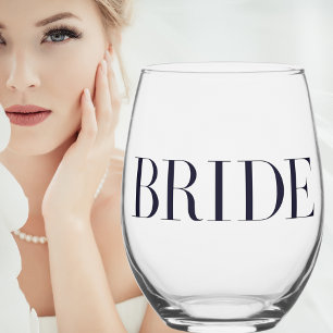 Elegant “Bride” Classic Black Font  Stemless Wine Glass