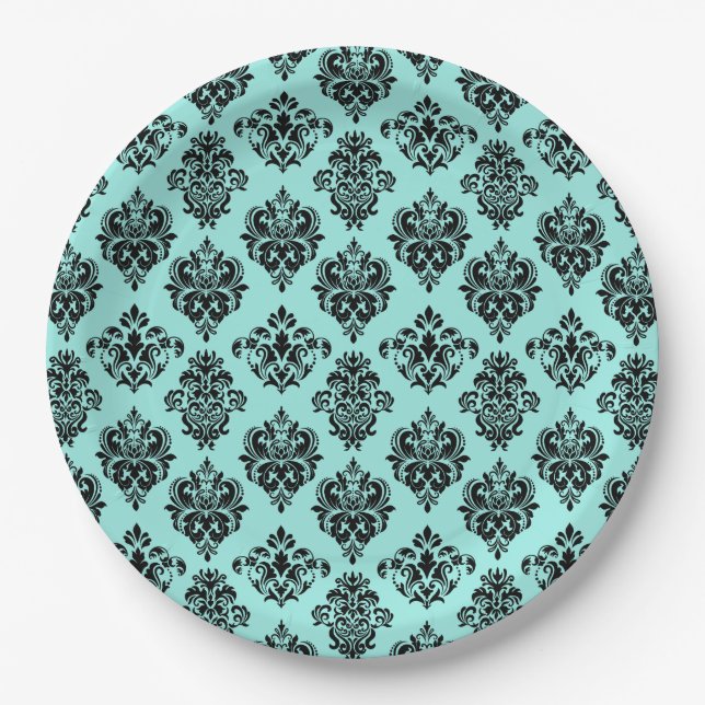 Elegant Bride & Co. Damask Bridal Shower Teal Paper Plate (Front)