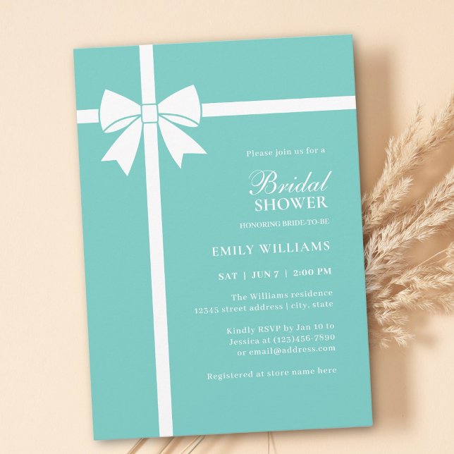 Elegant Bride & Co Teal Blue Bow Bridal Shower Invitation (Creator Uploaded)