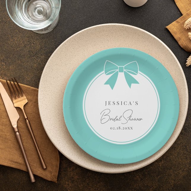 Elegant Bride & Co. Teal Blue Bow Bridal Shower Paper Plate (Creator Uploaded)