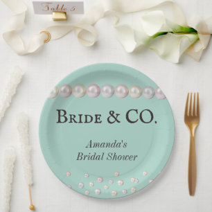 Elegant Bride & Co Teal Blue Pearl Bridal Shower Paper Plate