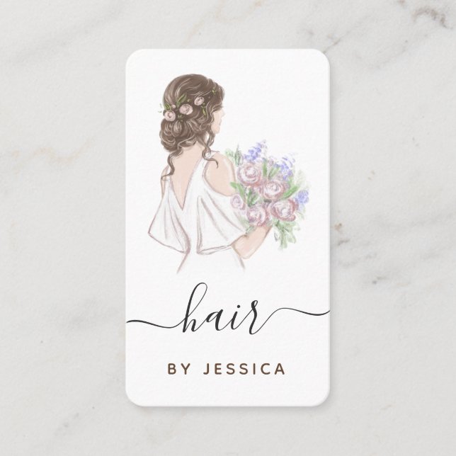 Elegant Bride Floral Wavy Hairstyle Braid Add Logo Business Card (Front)