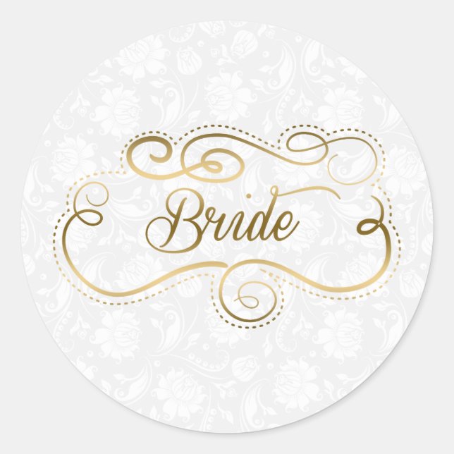 Elegant Bride Gold Text & Swirly Frame Classic Round Sticker (Front)