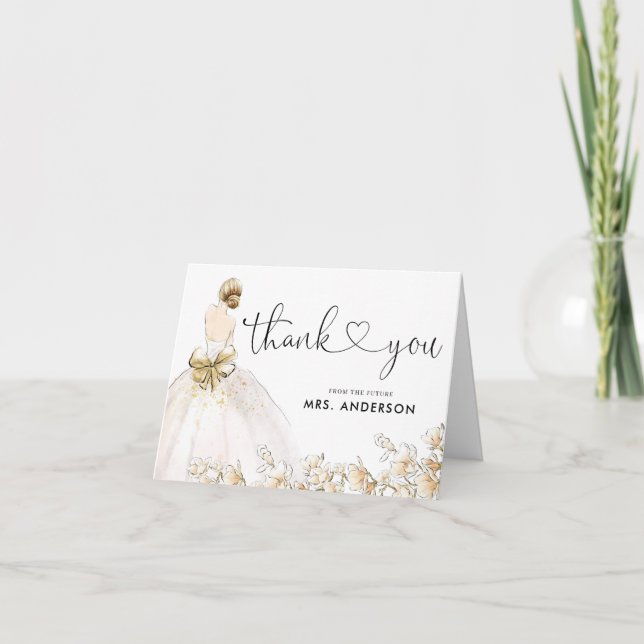 Elegant Bride Gown Dress Gold Floral Bridal Shower Thank You Card (Front)