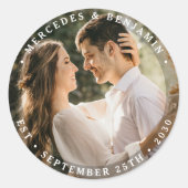 Elegant Bride Groom Modern Photo Name Date Wedding Classic Round Sticker (Front)