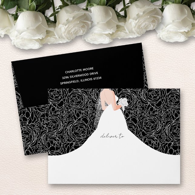 Elegant Bride on Black Bridal Shower  Envelope (Elegant bride on white rose sketch pattern bridal shower black envelopes, FREE return address)