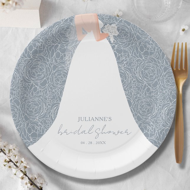 Elegant Bride on Dusty Blue Bridal Shower Paper Plate (Creator Uploaded)