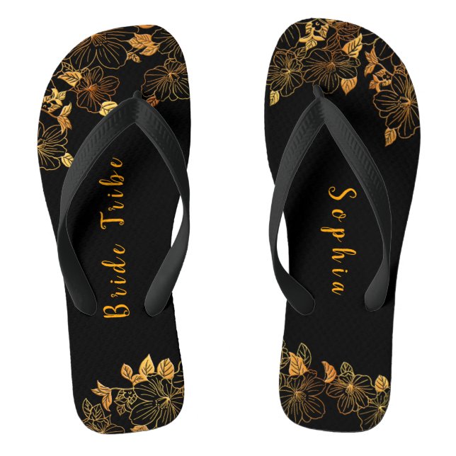 Elegant Bride Tribe Black & Gold Foliage Pattern Jandals (Footbed)