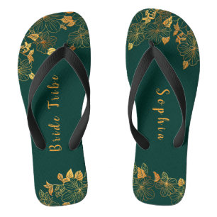 Elegant Bride Tribe Emerald Green & Gold Foliage Jandals