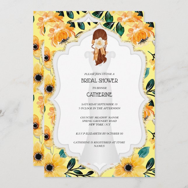 Elegant bride wedding dress floral yellow daisy  invitation (Front/Back)