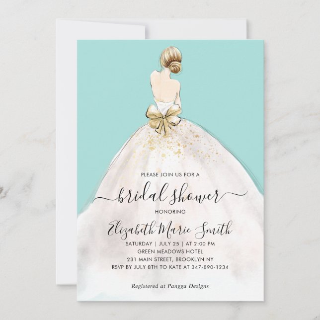Elegant Bride Wedding Gown Blue Bridal Shower Invitation (Front)