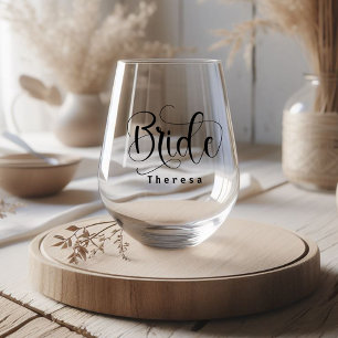 Elegant Bride Whimsical Calligraphy Script Stemless Wine Glass