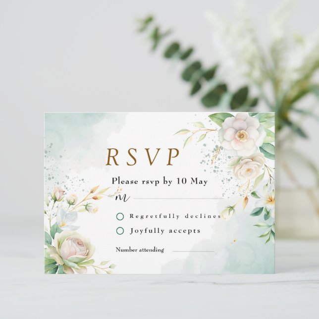 Elegant Bride's White Floral And Greenery Leaves RSVP Card (Standing Front)