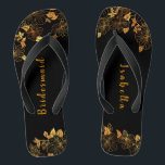 Elegant Bridesmaid Black & Gold Foliage Pattern Jandals<br><div class="desc">These elegant bridesmaid black and gold foliage pattern flip flops boasts a luxurious black and gold palette, with a stunning golden floral pattern and modern typography set against a black background, exuding elegance and sophistication. It's a beautiful gift for your bridal party. View the collection on this page to find...</div>