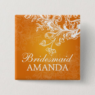 Elegant Bridesmaid Favour Vintage Swirls Orange 15 Cm Square Badge