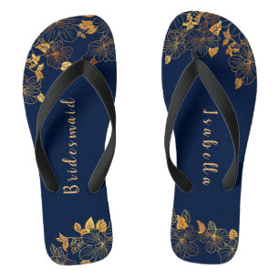 Elegant Bridesmaid Gold Floral Navy Blue Jandals