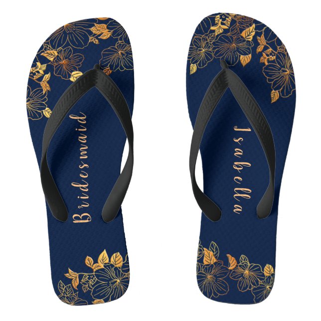 Elegant Bridesmaid Gold Floral Navy Blue Jandals (Footbed)