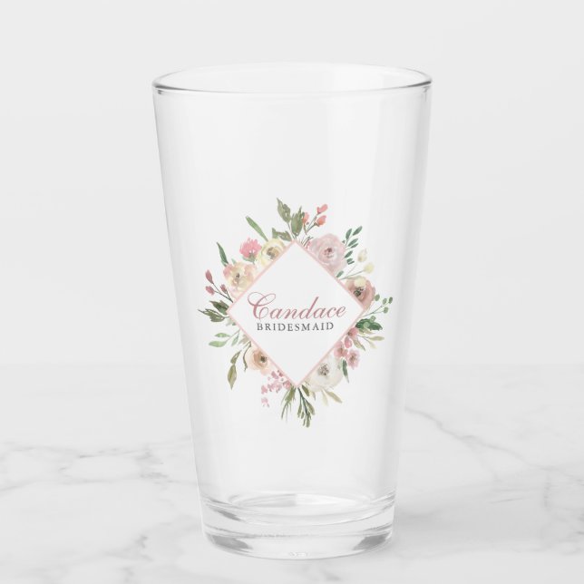 Elegant Bridesmaid Pink Floral Personalised Glass (Front)
