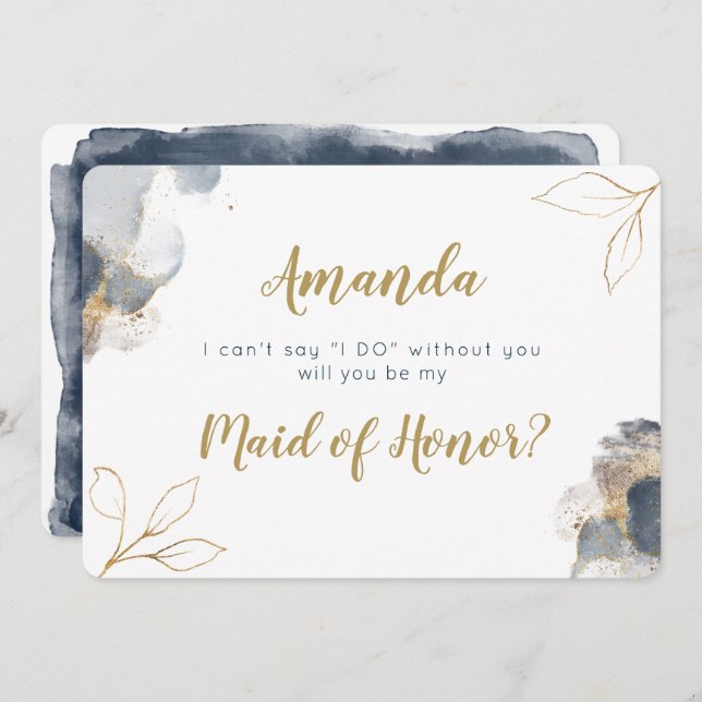Elegant Bridesmaid proposal card navy and gold (Front/Back)