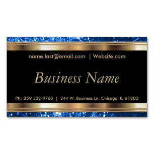 Elegant Bright Blue Glitter and Black and Gold Magnetic Business Card