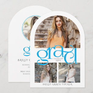 Elegant Bright Blue GRAD 4-Photo Arch Graduation Invitation