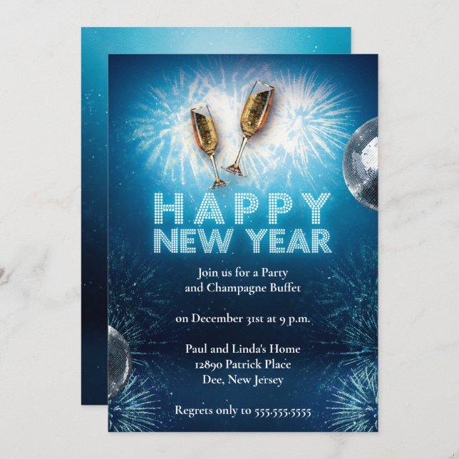 Elegant Bright Blue New Years Eve Party Invitation (Front/Back)
