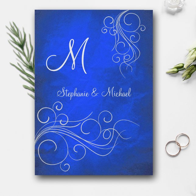 Elegant Bright Blue Silver Monogram Wedding Invitation (Creator Uploaded)