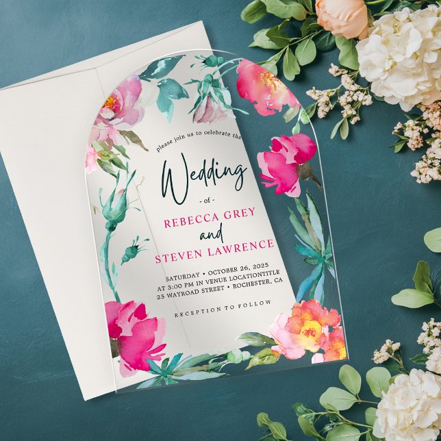 Elegant Bright Colourful Floral Arched Wedding Acrylic Invitations (Creator Uploaded)