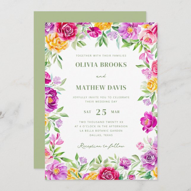 Elegant Bright Colourful Watercolor Floral Wedding Invitation (Front/Back)