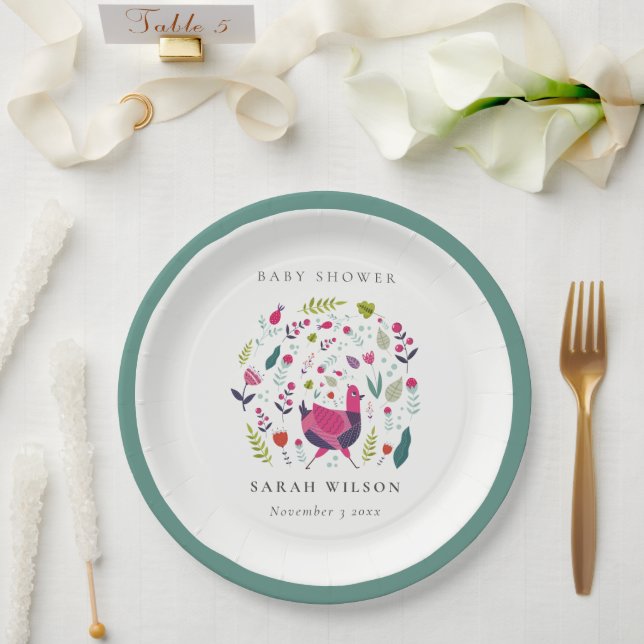Elegant Bright Folk Farm Floral Birdie Baby Shower Paper Plate (Wedding)