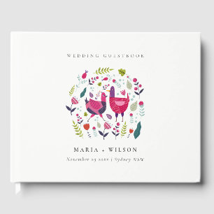 Elegant Bright Folk Farm Floral Love Birds Wedding Guest Book