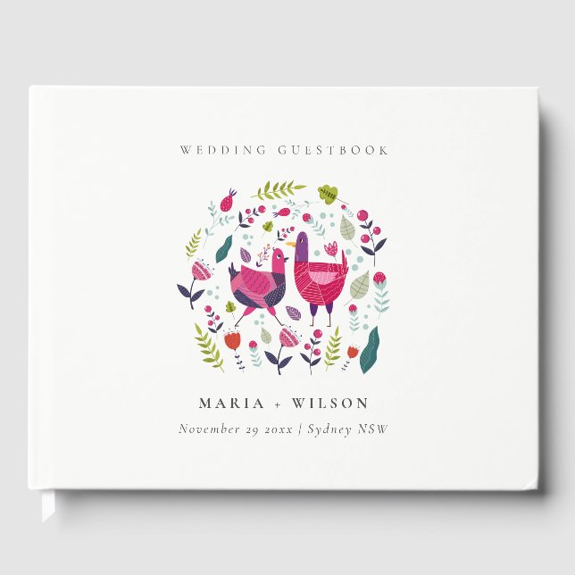 Elegant Bright Folk Farm Floral Love Birds Wedding Guest Book (Front)
