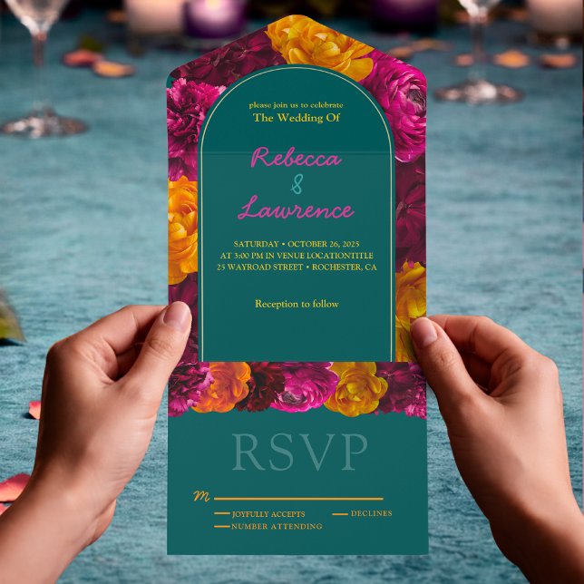 Elegant bright green hot pink floral wedding  all in one invitation (Creator Uploaded)