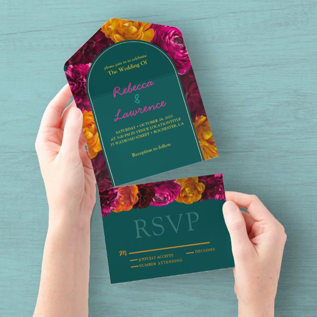 Elegant bright green hot pink floral wedding  all in one invitation (Creator Uploaded)