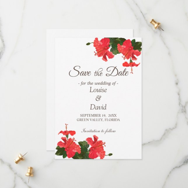Elegant Bright Hibiscus Save the Date Card (Front/Back In Situ)