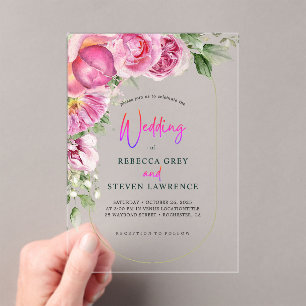 Elegant bright hot pink floral wedding acrylic invitations