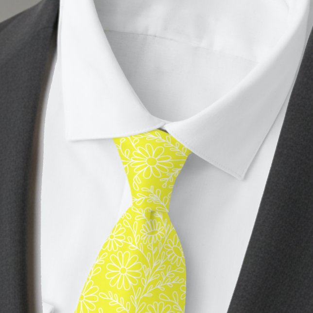 Elegant Bright Lemon Yellow Floral Pattern Tie (Creator Uploaded)