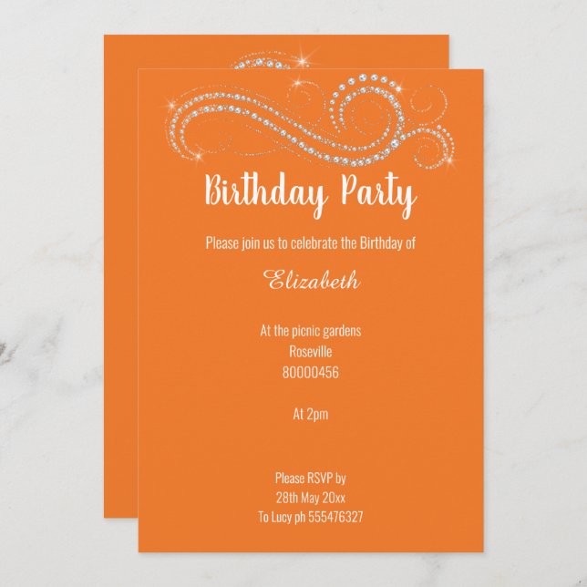 ELEGANT BRIGHT ORANGE DIAMOND BIRTHDAY PARTY INVITATION (Front/Back)