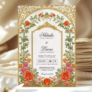Elegant Bright Orange Pink Floral Baroque Wedding  Invitation