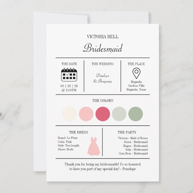 Elegant Bright Pink Bridesmaid Information Card (Front)