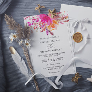 Elegant Bright Pink Floral Budget QR Code Wedding Invitation