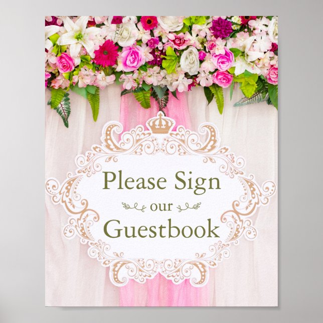 Elegant Bright Pink Floral Wedding guestbook sign (Front)