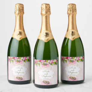 Elegant Bright Pink Floral Wedding Sparkling Wine Label