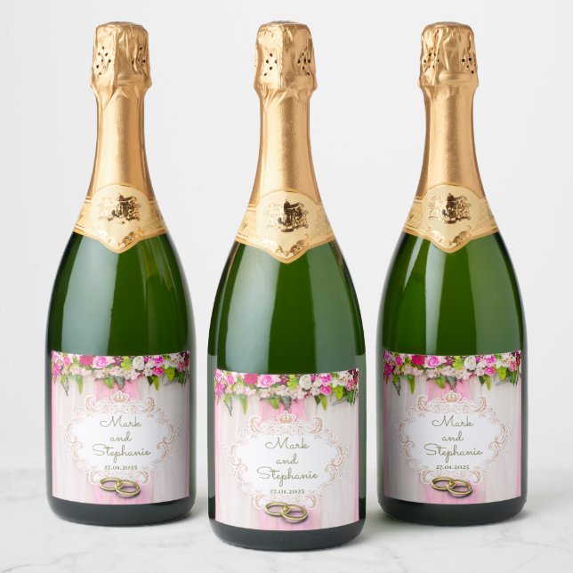 Elegant Bright Pink Floral Wedding Sparkling Wine Label (Bottles)