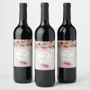 Elegant Bright Pink Floral Wedding Wine Label