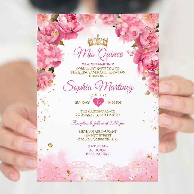 Elegant Bright Pink Flowers Gold Girl Mis Quince Invitation (Creator Uploaded)