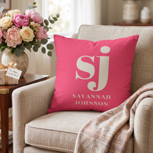 Elegant bright pink monogram initials cushion