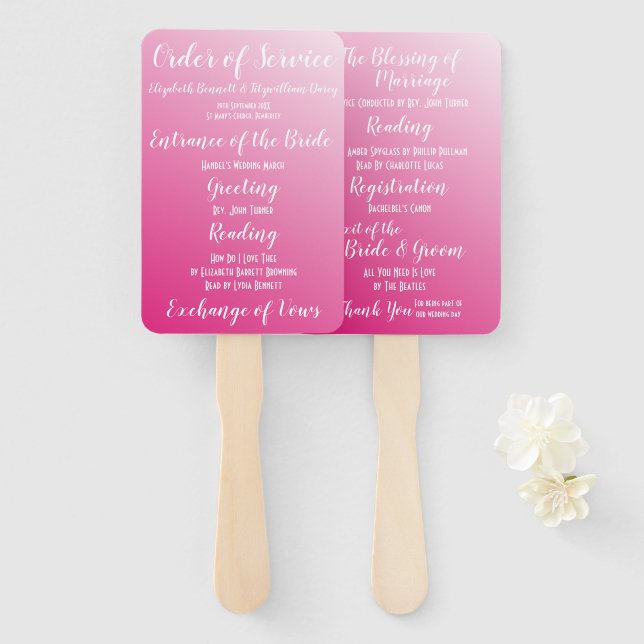 Elegant Bright Pink Wedding Program Hand Fan (Front and Back)
